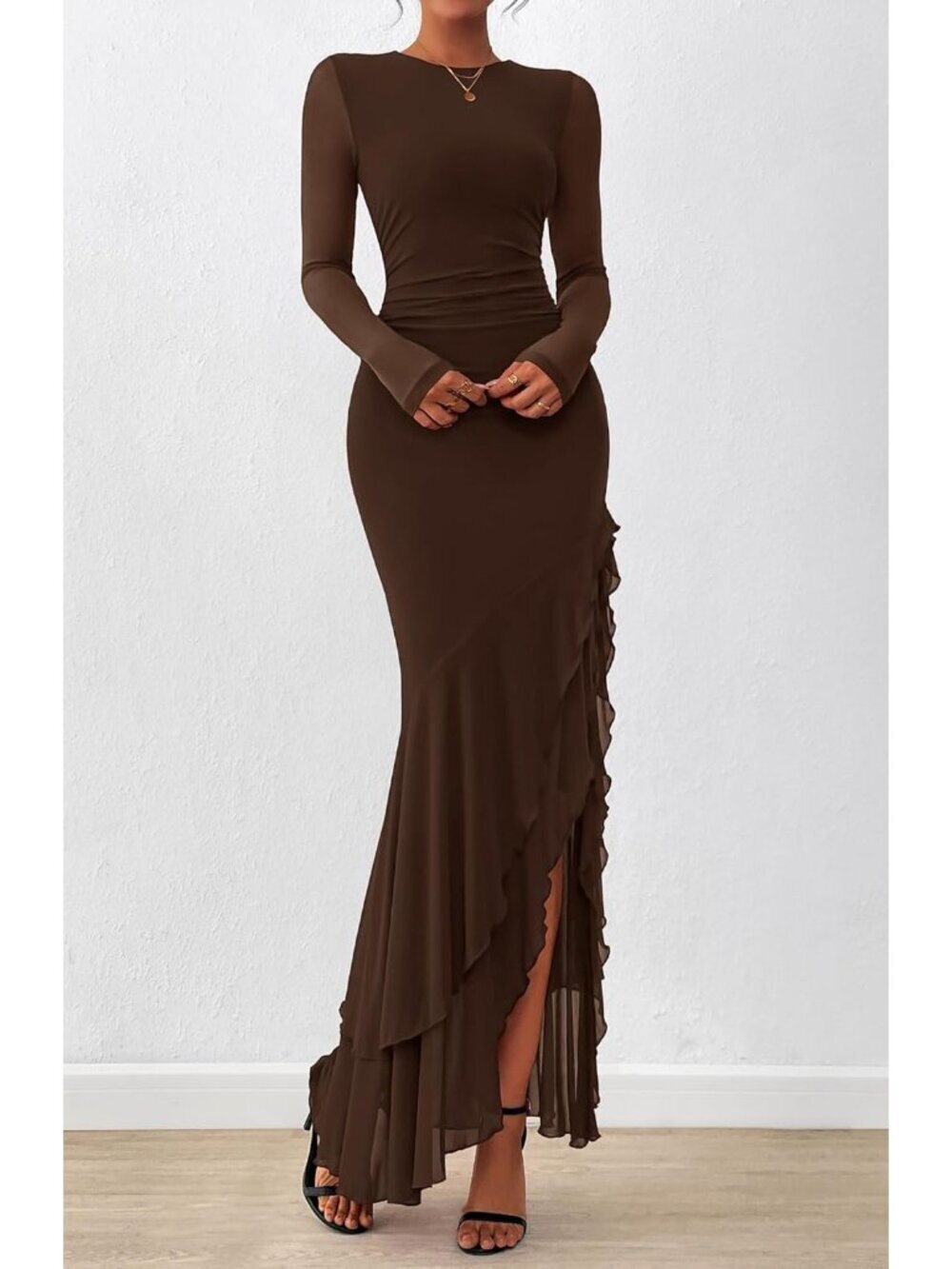 Women's Coffee Long Sleeve Ruched Bodycon SOLID Ruffle Mermaid Maxi Dress - Picture 5 of 6